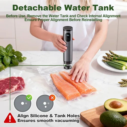 Vista 4 de Sellador al vacío de mano de metal premium, sellador al vacío para alimentos con pantalla de potencia y tanque desmontable, succión fuerte de 60 Gris