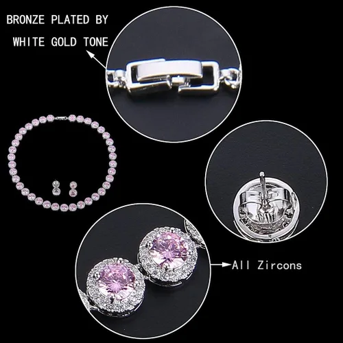 Vista 5 de EVER FAITH Precioso collar de circonita cúbica de corte redondo con piedra natal para novia, aretes y pulseras de tenis, juego de joyas de boda