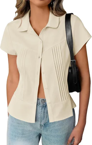 Vista 7 de Cicy Bell Blusas de manga corta con botones para mujer, plisadas, ajuste ceñido, elegantes casuales de verano