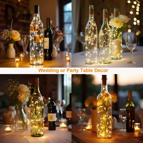 Vista 2 de Paquete de 20 luces para botellas de vino con corcho que funcionan con pilas, 20 luces LED de alambre plateado para botellas de licor, tarros