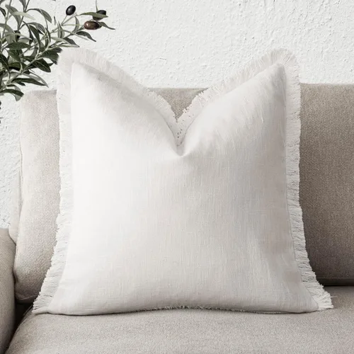 Vista 16 de Foindtower Fundas de almohada decorativas de lino con flecos, acogedora funda de cojín bohemia estilo farmhouse con borlas, funda de almohada