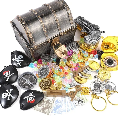 Vista 8 de Lingway Toys Cofre del Tesoro Pirata Grande para Niños Favorito del Maestro Caja de Almacenamiento de Colección de Tesoros con 2