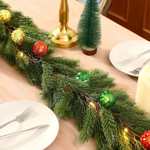 Vista 2 de Ceenna Guirnalda de cedro de Navidad preiluminada de 6.2 pies con luces, guirnalda de pino artificial con adornos de bolas, 8 modos de temporizador