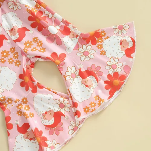 Vista 6 de Traje de Navidad para bebé niña con estampado de Papá Noel, camisas de cuello redondo, sudadera con estampado de flores de Papá Noel