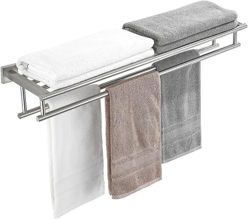 Vista 14 de Toallero para baño de 20 pulgadas montado en la pared con barra doble de níquel cepillado, estante de toallas SUS304 de acero inoxidable para pared