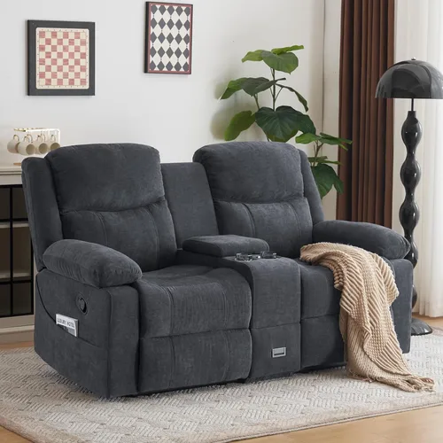 Vista 13 de Sofá reclinable de dos plazas con consola, color azul Manual Recliner Loveseat with Phone Holders, Storage Drawer, Cup Holders, Side Pockets, Dual