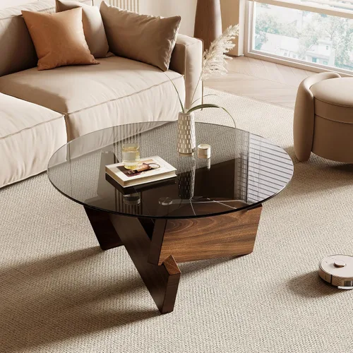 Vista 7 de Honyee Mesa de café redonda moderna, 78 cm x 78 cm x 41 cm con tapa de cristal templado para sala de estar, Color: Madera natural