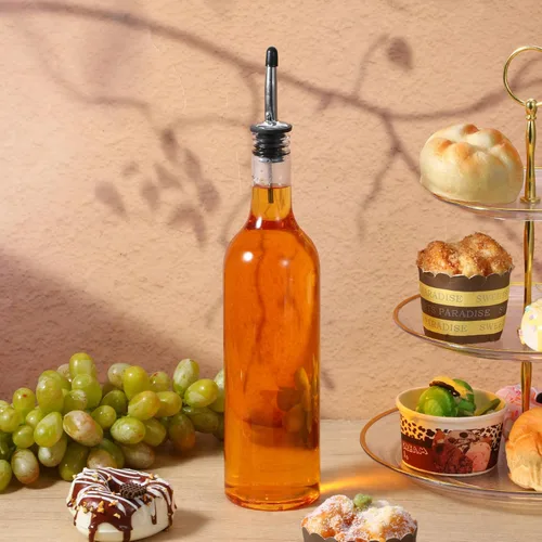 Vista 4 de 8 juegos de botellas de plástico de 25 onzas, botellas de jugo de jarabe de cuello largo con vertedor y tapas, recipiente de plástico a prueba