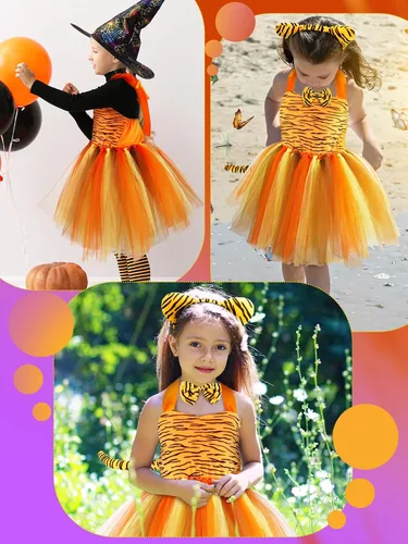 Vista 6 de Jiuguva Disfraz de animal de 4 piezas para Halloween, para fiestas infantiles, incluye tutú, diadema, orejas, corbatín y cola para cosplay (tigre)