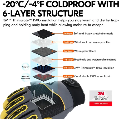 Vista 4 de Vgo... Guantes de trabajo de invierno para hombres, guantes de trabajo de seguridad impermeables para clima frío, guantes para congelador, cuero