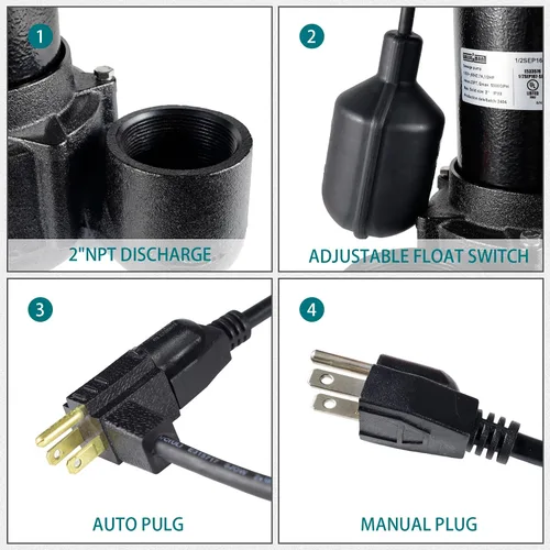 Vista 4 de WASSERMANN Bomba de aguas residuales de 1/2 HP con interruptor flotador automático, bomba sumergible de hierro fundido de 115V 5300 GPH, bomba