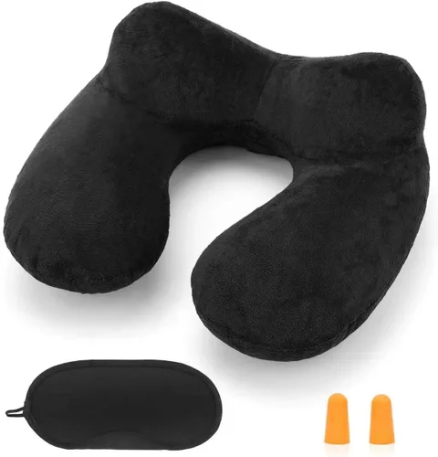 Vista 8 de Almohada inflable de viaje para avión, almohada inflable para el cuello para viajar con terciopelo suave, funda lavable para dormir, avión, tren
