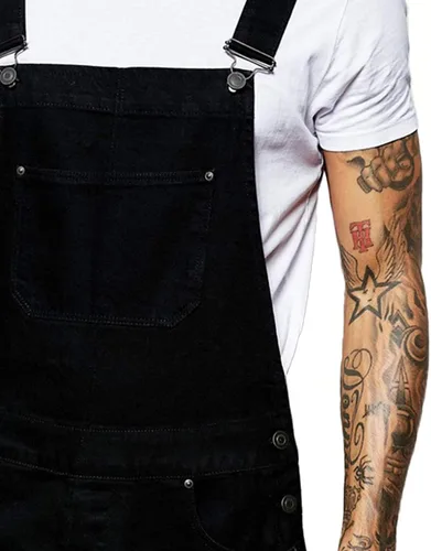 Vista 4 de Overoles de mezclilla desgastados para hombre con pechera de mezclilla para hombre, pantalones negros con tirantes