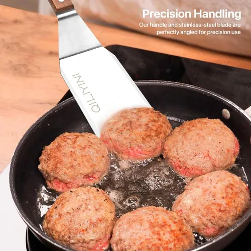Vista 5 de 2 espátulas de acero inoxidable para sartén de hierro fundido, espátula para parrilla con mango de madera, tortitas de metal resistente