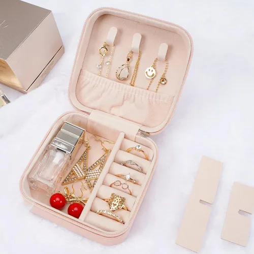 Vista 3 de XZUZ Pequeñas cajas de joyería de viaje, organizador de joyas portátil, cajas de almacenamiento para aretes, anillos, collares, cajas de joyería