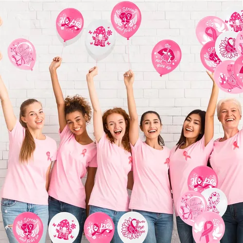 Vista 5 de HOWAF Globos decorativos de concientización sobre el cáncer de mama, globos de látex Hope Strength Courage para recuerdos de fiesta de cinta rosa