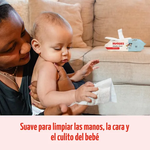 Vista 6 de Huggies Simply Clean Toallitas para Bebé Sin Fragancia, 1 Paquete con Tapa Abatible (64 Toallitas en Total), el Empaque Puede Variar