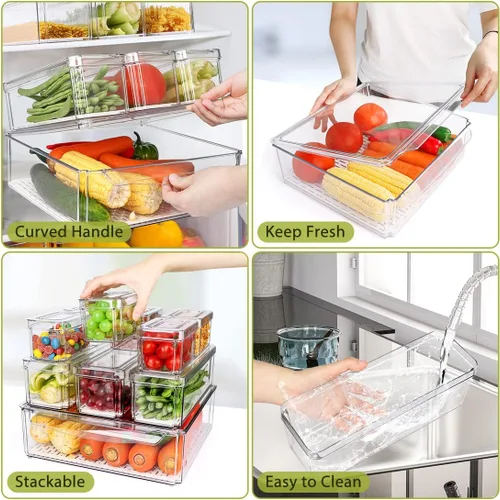 Vista 4 de Paquete de 10 cubos organizadores de despensa para refrigerador, cubos organizadores apilables para refrigerador con tapas, contenedores de plástico