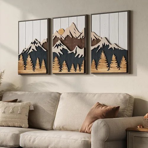 Vista 9 de Arte de pared de madera 3D con textura bohemia 3D para dormitorio, 3 piezas de arte de madera tallada botánica tropical para paredes, hoja de Marrón