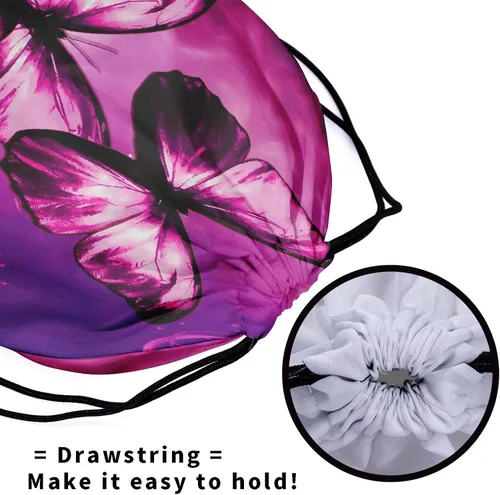 Vista 5 de Bolsa de agarre de gimnasia de piel de animal, bolsa de gimnasia con cordón ajustable, bolsa de cuerda para fauna silvestre, Mariposas Galaxy
