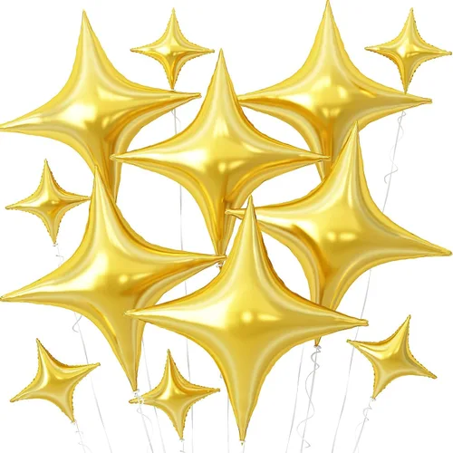 Vista 18 de Globos de Estrella Negra, 12 Piezas Globos de Papel de Aluminio de Estrella de Cuatro Ángulos, 26 Pulgadas y 10 Pulgadas Globo de Película de Negro