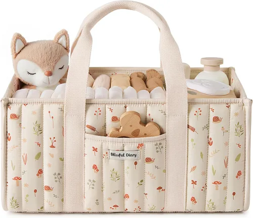 Vista 11 de Blissful Diary Organizador de pañales a cuadros, elegante cesta de almacenamiento para guardería, regalo para baby shower, artículos esenciales