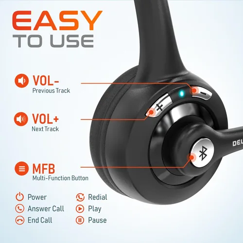 Vista 5 de Delton 10 auriculares Bluetooth para computadora, auriculares inalámbricos sobre la cabeza con micrófono de cancelación de ruido, dongle USB