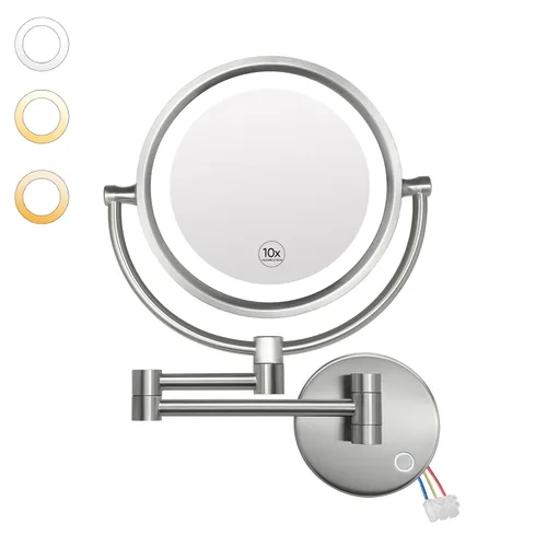 Vista 9 de GURUN Espejo de maquillaje con cableado para montaje en la pared con 3 tonos de luces LED, 10 espejos de aumento para baño, dormitorio, brazo