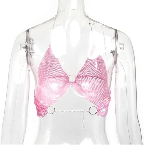 Vista 5 de Camiseta corta sin espalda con diamantes de imitación brillantes para mujer, sexy, halter, transparente, para salir por la noche, fiesta, club