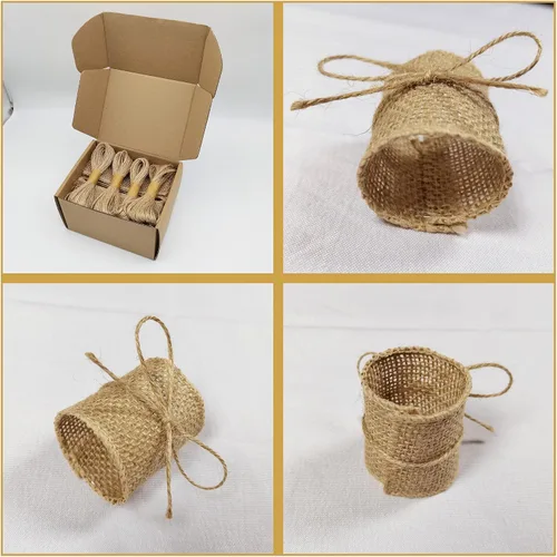 Vista 6 de Juego de 100 servilleteros de arpillera natural con cuerda de yute, servilletas desechables a granel, anillo rústico para mesas, decoraciones