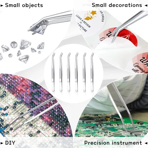 Vista 6 de Honoson 4 pinzas de acero inoxidable para manualidades con punta dentada curvada, pinzas multiusos para máquina de coser, pinzas a granel (plateado)