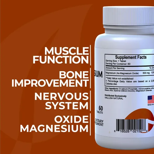 Vista 2 de Hallusa Natural Magnesio para calambres en las piernas, magnesio como óxido 500 mg, 60 cápsulas, suministro de 60 días, relajación muscular, alta