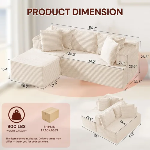 Vista 2 de Korser Sofás deshuesados para sala de estar, sofá de nube seccional con otomano, sofá en forma de L con asiento profundo de pana mullido y cómodo
