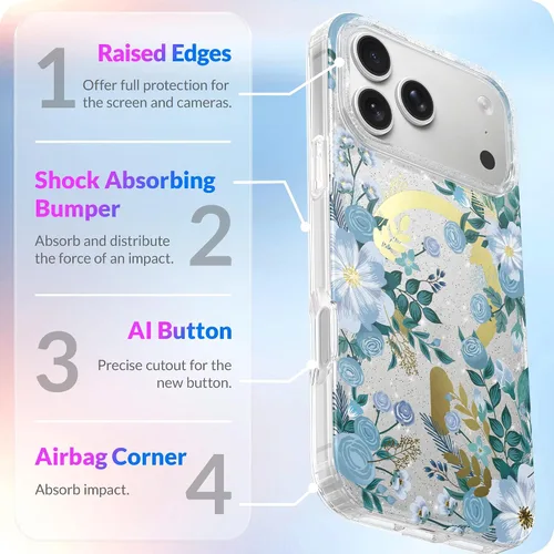 Vista 7 de LONLI Hue - Funda para iPhone 18 Pro y 17 Pro, diseño botánico floral azul
