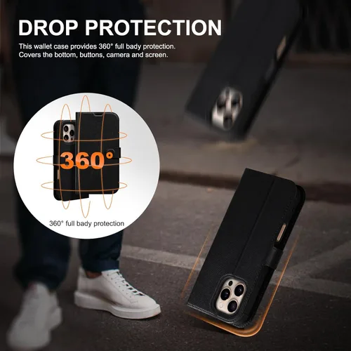 Vista 6 de Funda de cuero compatible con iPhone 16 Pro Max Cartera 6.9", cuero genuino 2 en 1, magnética, desmontable, a prueba de golpes, funda tipo folio
