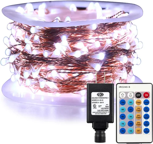 Vista 20 de RUICHEN Guirnalda de luces regulables enchufables de 66 pies, 200 luces LED de alambre de cobre con control remoto, blanco cálido