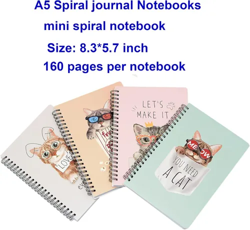 Vista 4 de Yansanido Cuaderno de espiral, 4 piezas A5 de tapa dura gruesa con diseño de gato, 0.315 in, 4 colores, 80 hojas, 160 páginas para estudio y notas
