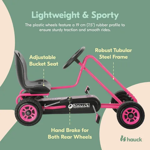 Vista 5 de Hauck Lightning Go Kart con pedal para niños de 4 a 8 años, asiento de cubo ajustable, ruedas de plástico con perfil de goma, freno de mano para Rosa