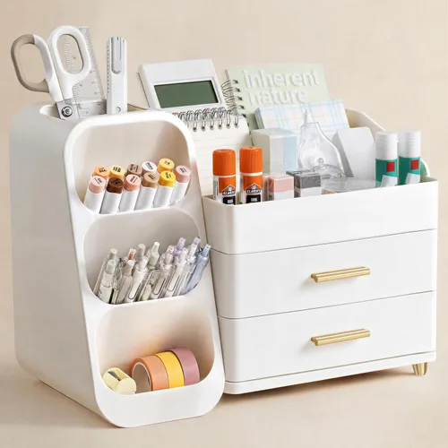 Vista 13 de HBlife Organizador de escritorio con soporte para lápices para escritorio, organizador de bolígrafos con 2 cajones, organizadores de escritorio
