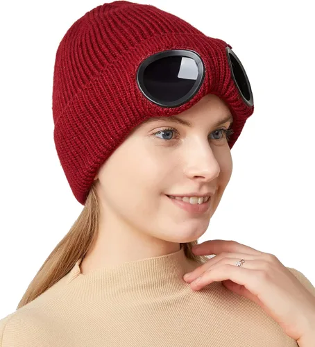 Vista 2 de JUQLQUJ Gorro con gafas para hombre y mujer, unisex, de punto de calavera lisa
