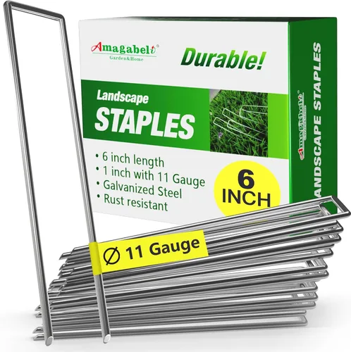 Vista 10 de AMAGABELI GARDEN & HOME Paquete de 50 grapas galvanizadas de 4 pulgadas para jardín, estacas de jardín de calibre 12, estacas de cubierta