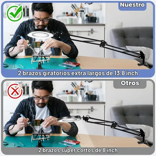 Vista 4 de Lupa de 15X con luz y abrazadera, lámpara de escritorio con lupa iluminada, lámpara LED con luz y abrazadera, 5 modos de color, 10 brillos