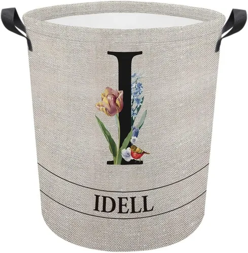 Vista 27 de Cesta de lavandería con inicial floral personalizada, monograma, nombre personalizado, flores y pájaros, cesta de ropa plegable de tela, caja
