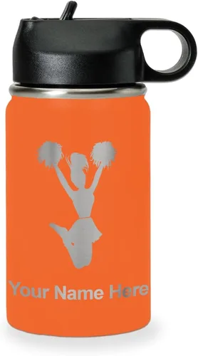 Vista 13 de LaserGram Botella de agua con tapa abatible de doble pared de 12 onzas con pajita, animadora, grabado personalizado incluido (negro)