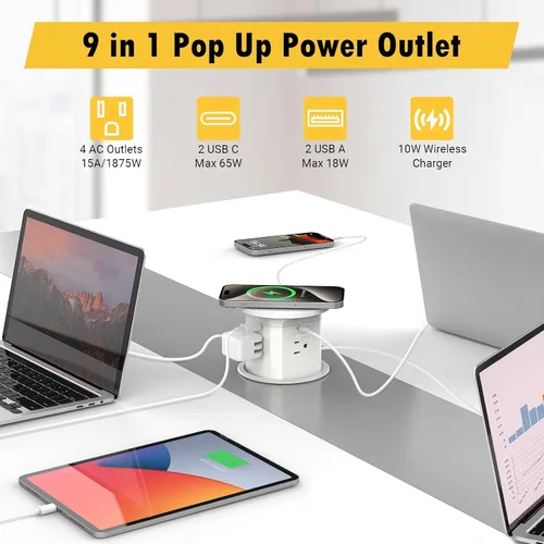 Vista 4 de Tomas de corriente emergentes de 4 pulgadas 65 W USB C, carga inalámbrica