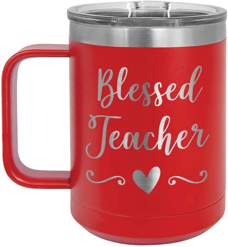 Vista 6 de BLESSED TEACHER Negro 15 oz Taza de café w/tapa deslizante Taza de café de viaje aislada Ideas de regalos de cumpleaños o Navidad de mujeres u