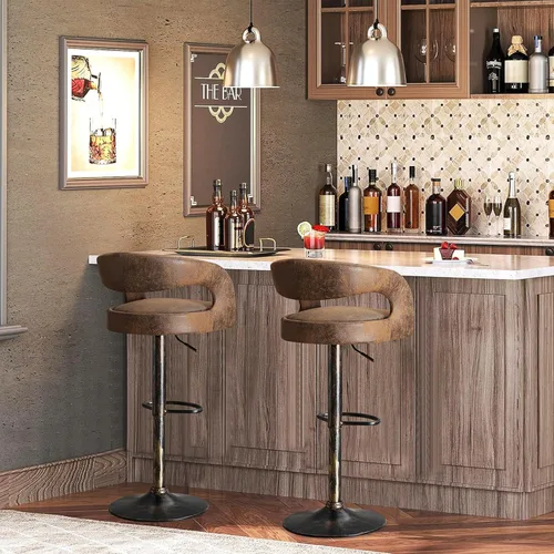 Vista 2 de [Usado] VECELO Juego de 2 taburetes de bar ajustables giratorios modernos de piel sintética, taburetes de barra con respaldo y brazos, para cocina