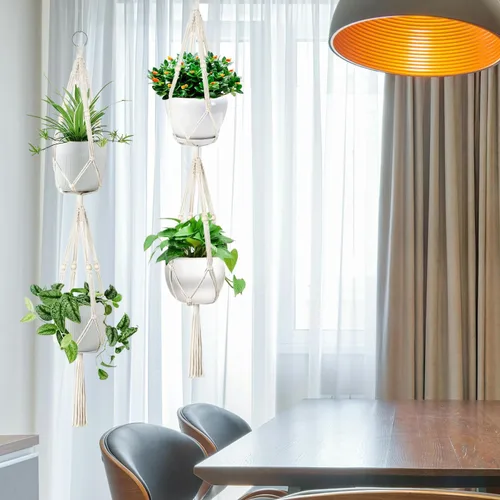 Vista 6 de Belit Paquete de 2 perchas dobles de macramé para plantas, cesta colgante de 2 niveles, cesta decorativa para macetas, cuerda para decoración