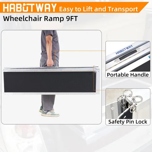 Vista 4 de HABUTWAY Rampa para silla de ruedas de 9 pies, rampa portátil para silla de ruedas con patas de apoyo, rampas dobles antideslizantes con capacidad
