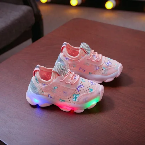 Vista 5 de Tenis deportivos para correr para niñas pequeñas con luz LED de cristal de mariposa y luz LED